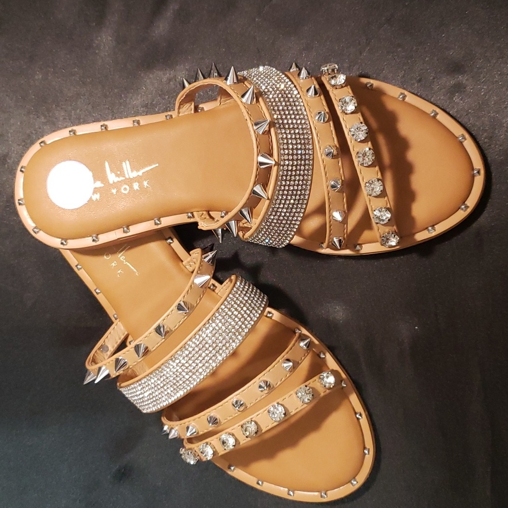 Nicole Miller Four Strap Studded and Rhinestone Slide Sandals - Picture 1 of 6